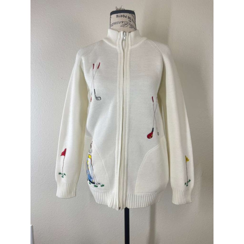 Vintage LeRoy Knitwear Women Cream Golf Embroidered Zip Up Sweater Cardigan S